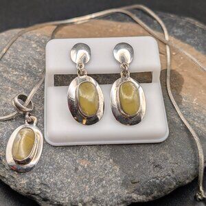 950 Silver Pendant & Earrings Set – Italy 925 Chain, Vintage Cabochon Style